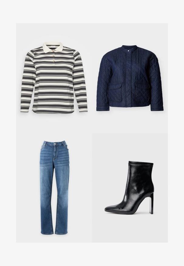 Veste matelassée bleu marine, comportant un col rond, deux poches avant et des coutures diagonales sur tout le tissu. Matière en denim durable.; Polo à manches longues avec un motif rayé noir et blanc, doté d'un col blanc en contraste et de trois accents de boutons décoratifs.; Jean droit en denim bleu avec fermeture par bouton et zip, poches avant et arrière, présenté sur un fond blanc uni.; Bottine en cuir noir avec un bout pointu et un talon transparent haut. Texture lisse et finition minimaliste sur le dessus.