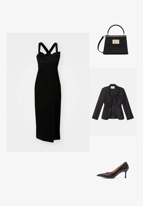 Vaillant STRUCTURED - Blazer - black; Sort ærmeløs kjole med krydsede stropper, tekstureret bærestykke og en sideslids, der har en tætsiddende silhuet og glat stof.; Woden Pumps - black; Sort læderhåndtaske med tophåndtag, aftagelig skulderrem og gyldent rektangulært spænde på den forreste klap.