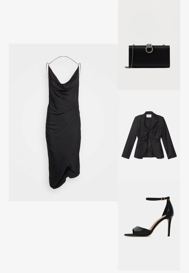 Vaillant STRUCTURED - Blazer - black; Et Ochs ILA CHAIN COWL NECK MIDI DRESS - Cocktailjurk - black; Zwarte hoge hak sandalen met open teen, soepel leren bovenwerk, enkelband met gouden gespsluiting en een beige voetbed.; Zwarte satijnen clutch met een zilverkleurige ronde sluiting versierd met rhinestones, heeft een afneembare kettingriem.