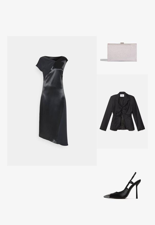 Vaillant STRUCTURED - Blazer - black; Calvin Klein NAIA SHINE MIDI DRESS - Cocktailkjole / festkjole - black; Sorte slingback pumper med spids tå og skinnende metallisk kappe. Har en høj stilettohæl og slank ankelrem. Glat lædertekstur.; Sølvglitrende clutch med en slank rektangulær form, metalldeksel og en glat overflade. Minimalistisk design.