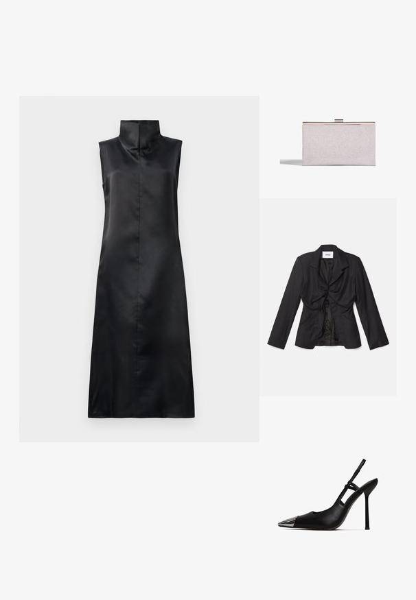Vaillant STRUCTURED - Blazer - black; Sort satin uden ærmer kjole med høj krave, glat tekstur og en lige, ankellang silhuet. Minimalistisk design uden udsmykninger.; Sorte slingback pumper med spids tå og skinnende metallisk kappe. Har en høj stilettohæl og slank ankelrem. Glat lædertekstur.; Rektangulær sølvglitter clutchtaske med metalramme og lås, der kaster en skygge på en hvid baggrund.