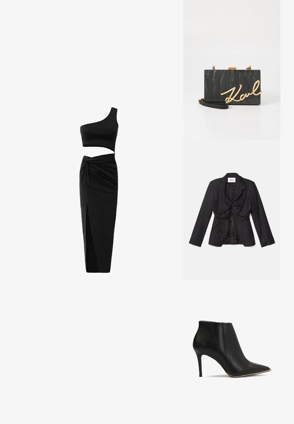 Vaillant STRUCTURED - Blazer - black; Conjunto negro de dos piezas que incluye un top corto de un solo hombro y una falda de cintura alta con un detalle retorcido y una abertura lateral. Tejido suave.; Botín de cuero negro hasta el tobillo con punta afilada, tacón alto de stiletto y un acento dorado a lo largo de la suela. Textura suave y diseño elegante.; KARL LAGERFELD SOIREE - Clutch - black