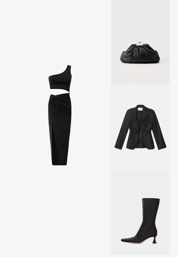 Vaillant STRUCTURED - Blazer - black; Sort todelt tøj sæt bestående af en en-skulder crop top og en højtaljet nederdel med tvistet detalje og sideslids. Glat stof.; Sort læderstøvle, der går til midt på læggen, med spids tå og buet lav hæl, mod en ensartet lys baggrund.; Sort læderclutch med en samlet tekstur, metal lukning og diskret præget logo på forsiden. Rundet form.