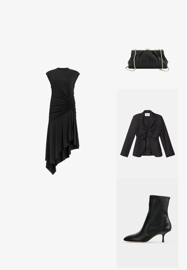 Vaillant STRUCTURED - Blazer - black; Vestido negro sin mangas con detalles recogidos en el costado, con un dobladillo asimétrico que cae elegantemente. Textura de tela suave.; Botín negro de cuero con puntera puntiaguda y tacón medio y delgado, mostrado de perfil sobre un fondo claro.; Bolso de mano de cuero negro suave con marco de metal plateado y correa de cadena plateada desmontable sobre fondo blanco.