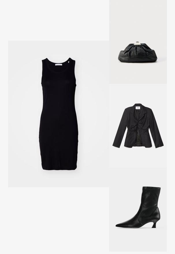 Vaillant STRUCTURED - Blazer - black; Schwarzes ärmelloses Kleid aus dehnbarem Stoff, taillierte Form, mit rundem Ausschnitt und dezentem Logoschild nahe dem Saum.; Schwarzer Leder-Stiefel bis zur Mitte der Wade mit spitzer Schuhspitze und niedrigem Kittenabsatz, seitlich auf hellem einfarbigem Hintergrund gezeigt.; Schwarze Leder-Clutch mit geraffter Textur, Metallverschluss und dezentem, auf der Vorderseite geprägtem Logo. Abgerundete Form.