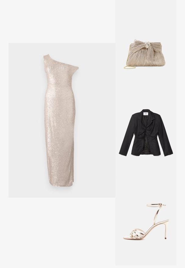 Vaillant STRUCTURED - Blazer - black; Knælang, one-shoulder kjole i lys beige med en tætsiddende silhuet, der har en paillet-tekstur og et strømlinet, lige design.; Guldmetallic sandal med høje hæle, flere tynde stropper over tæerne og en ankelrem med spænde.; Metallic guld clutch taske med plisseret stof, der har en sløjfedetalje øverst og en gylden kædetras for alsidighed og nem bæring.