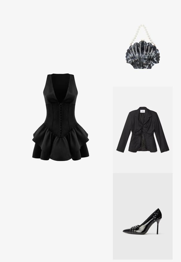 Vaillant STRUCTURED - Blazer - black; OW Collection AUGUSTA - Jerseykjole - black; Sorte patentlæder stiletto hæl sko med spids tå, tre dekorative remme med nitter, og "Karl Lagerfeld" branding på hælen.; Sort og grå marmoragtig skalsformet clutch med lukning og en håndtag lavet af store hvide perler.