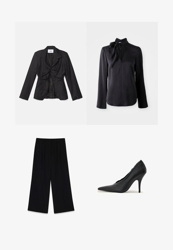 Vaillant STRUCTURED - Blazer - black; Zwarte langemouwen blouse van gladde stof met een V-hals en een gestrikt kraagdetail. Heeft een rechte snit en subtiele stikaccenten.; Zwarte wijde broek van gladde stof, met plooien aan de voorkant, een middelhoge taille en geen zichtbare sluitingen of versieringen.; Zwarte leren pumps met een spitse neus, gegolfde randdetails en een slanke naaldhak op een witte achtergrond.