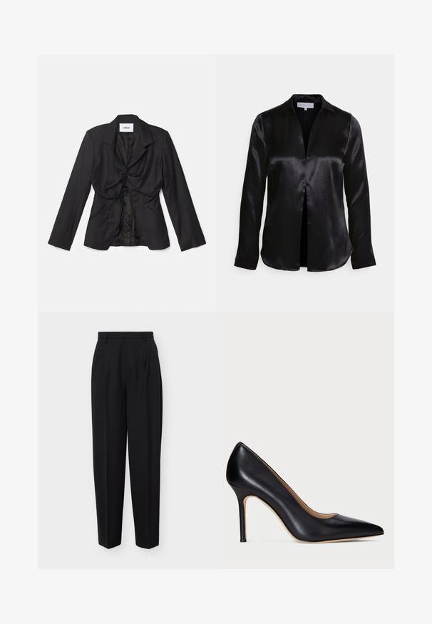 Vaillant STRUCTURED - Bleiseri - black; STUDIO ID ALYSSA - Pusero - black; Mustat korkeavyötäröiset räätälöidyt housut, joissa on vyölenkit, edessä laskokset ja suorat lahkeet, esillä yksinkertaisen valkoisen taustan edessä.; Musta nahkainen korokepumppu, jossa on teräväkärkinen muotoilu ja hoikka stiletto-korko. Sileä pinta ja vähäinen yksityiskohtaisuus luovat klassisen muotoilun.
