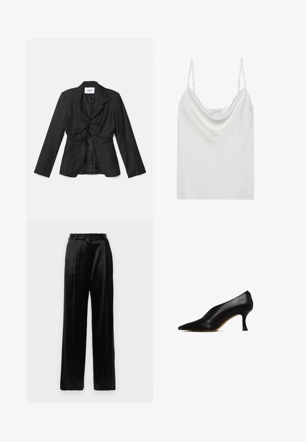 Vaillant STRUCTURED - Blazer - black; Hvid satin camisole med en draperet udskæring, tynde justerbare stropper og en lige afslutning. Mærket "ANNA FIELD" er synligt indeni.; Sorte satinbukser med høj talje, lige brede ben, bæltestropper og flad lukning på en ensfarvet hvid baggrund.; Sorte læder højhælede sko med spids tå og en slank, buet hæl. Har en glat tekstur og et minimalistisk design.