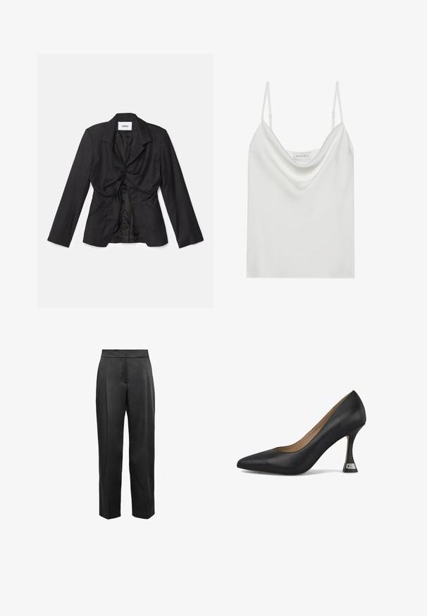 Vaillant STRUCTURED - Blazer - black; Camisole en satin blanc avec un décolleté drapé, des fines bretelles réglables et une base droite. L'étiquette "ANNA FIELD" est visible à l'intérieur.; Pantalon noir en tissu lisse, avec une taille haute, des jambes droites et sans poches ni embellissements visibles.; Chaussure à talon haut en cuir noir avec un bout pointu et un talon triangulaire unique agrémenté d'un accent métallique. Texture lisse et design élégant.