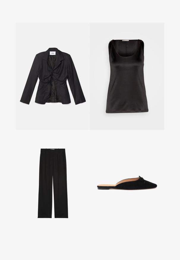 Vaillant STRUCTURED - Σακάκι - black; Anna Field by Zalando Μπλούζα - black; Μαύρο παντελόνι σε φαρδιά γραμμή, κατασκευασμένο από μαλακό ύφασμα, με πτυχώσεις, ίσια μπροστινή όψη και θηλιές ζώνης. Απλός και ευέλικτος σχεδιασμός χωρίς μοτίβα.; Μαύρο σουέτ παπούτσι με λείο σχεδιασμό και μικρή διακοσμητική κορδέλα στο μπροστινό μέρος, διαθέτοντας επίπεδη σόλα και ανοιχτή φτέρνα.