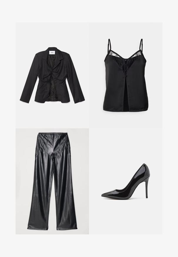 Vaillant STRUCTURED - Blazer - black; Musier CAPRI - Top - black; Pantalones de imitación de cuero negro con una textura suave, perneras anchas y detalles cosidos a lo largo de la cintura y los costados. Presentación en posición plana.; Zapato de tacón alto de charol negro con punta afilada y textura suave, con un delgado tacón de aguja. Sin adornos visibles.