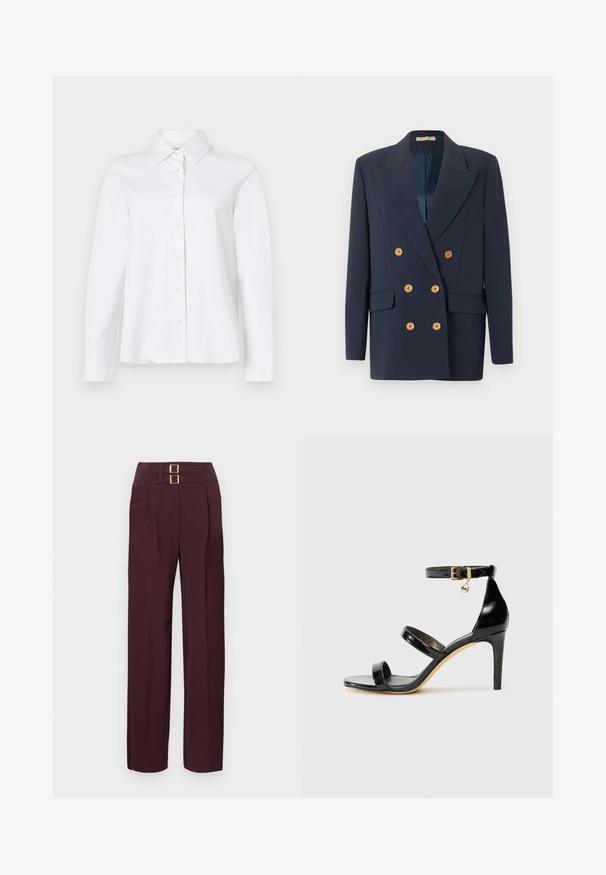 Laivastonsininen kaksirivinen bleiseri, jossa kuusi vaaleanruskeaa nappia, leveät kaulukset, pitkät hihat ja kaksi etutaskua kannella.; CLOSED CLASSIC SHIRT WITH STRAP DETAIL - Paitapusero - white; Vyötäröltä korkeavyötäröiset tummanpunaiset housut, joissa on kaksi kultaisella soljella varustettua remmiä yläosassa ja suorat lahkeet.; Musta patentoitu nahkasandaali, jossa on kolme hihnaa, nilkkasolki ja 4 tuuman stiletto-korko. Varustettu kultaisilla yksityiskohdilla ja logokoristeella.