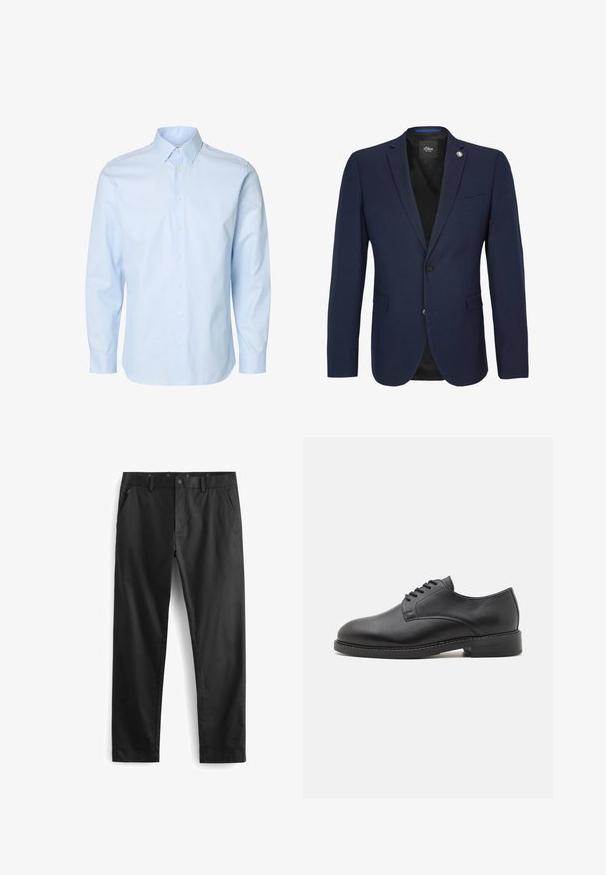 Námornícky modrý blazer vyrobený z hladkej tkaniny, s jedným gombíkom, klopovými reverzami, jednou náprsní kapsou a dvomi prednými vreckami. Obsahuje kovový akcent.; Pánska svetlomodrá košeľa s dlhým rukávom, zapínaním na gombíky vpredu a štandardným golierom na bielom pozadí.; Čierne nohavice vyrobené z hladkého materiálu, s zapínaním na zips a gombík, bočnými vreckami a prispôsobeným strihom.; Čierna kožená oxford obuv s okrúhlou špičkou, s hladkým povrchom, päťočkovým šnurovaním a nízkym lepeným podpätkom.