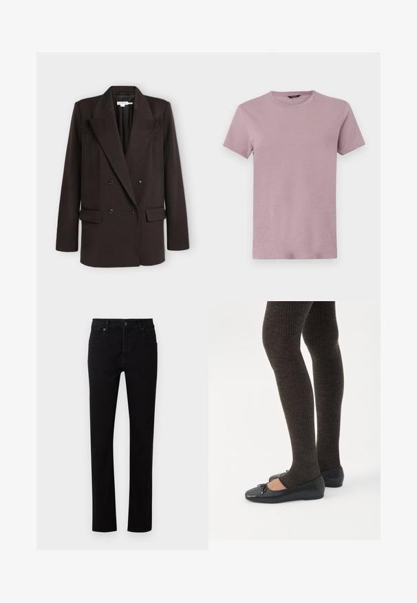 Mørkebrun dobbeltradet blazer med brede revers, fire forreste knapper og to lommer med klap, vist på en enkel lys baggrund.; Hérre crew neck t-shirt i lys mauve, lavet af blødt stof. Korte ærmer, normal pasform, med en glat overflade og ingen synlige mønstre.; Sorte denimjeans med lige ben. Har fem lommer, en frontknaplukning og subtile syninger langs sømmene.; Ben iført mørke ribbede leggings kombineret med sorte balletsko med små sløjfedetaljer på hvid baggrund.