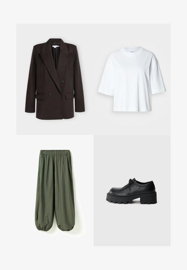 Veste blazer marron foncé à double boutonnage, avec larges revers, quatre boutons sur le devant et deux poches à rabat, présentée sur un fond clair uni.; T-shirt blanc court à manches courtes, col rond, en coton doux, avec un design simple et épuré.; Pantalon ample vert olive avec taille élastique et bas froncés, en tissu léger.; Chaussure en cuir noir à lacets avec une semelle en caoutchouc noir épaisse et texturée et un bout arrondi. Présente des détails de couture discrets.