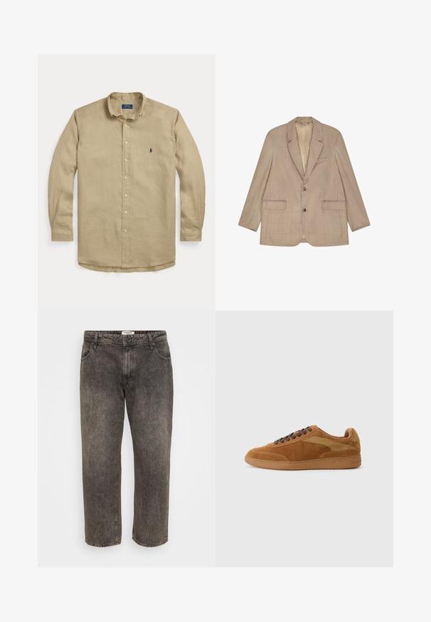 Beige-ruudullinen bleiseri, joka on valmistettu teksturoidusta kankaasta ja jossa on notkollinen kaulus, kaksi etutaskua ja yksittäinen ruskea nappikiinnitys.; Beige, pitkähihainen nappipaita kauluksella, napit edessä ja pieni tummansininen kirjailtu logo vasemmassa rinnassa.; Mustat kuluneet suoralahkeiset farkut, joissa edessä nappi- ja vetoketjukiinnitys, etutaskut ja vyölenkit.; Ruskeat mokkakengät beige-aksentteilla, pyöreällä kärjellä, littealla pohjalla ja tummanruskeilla nauhoilla. Ominaisuuksiin kuuluu tyylikäs muotoilu ja hienovaraiset ompeluyksityiskohdat.