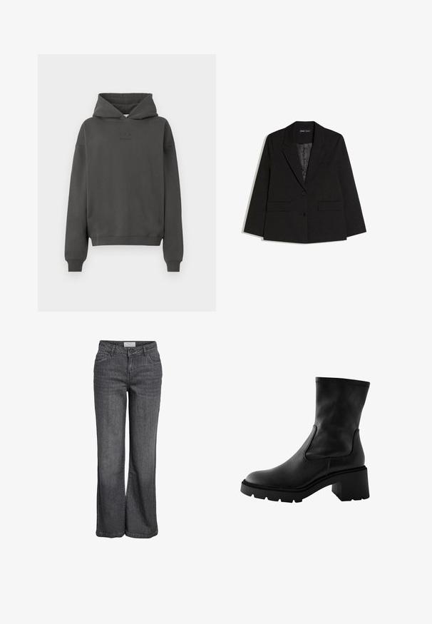 Sort skræddersyet blazer med hakkede revers, to forlommer med klap, to knapper og glat inderfor, lagt fladt på hvid baggrund.; Mørkegrå hoodie lavet af blødt materiale, med snøre i hætten, ribbekantede manchetter og et diskret logo trykt på fronten.; Bredde ben jeans i mørkegrå denim. Har høj talje, traditionelt fem-lomme design og en ren kanten uden udsmykning.; Sort læderankelstøvle med blokhæl og elastiske sidestykker. Har en glat tekstur og ribbet detaljering omkring kanten.