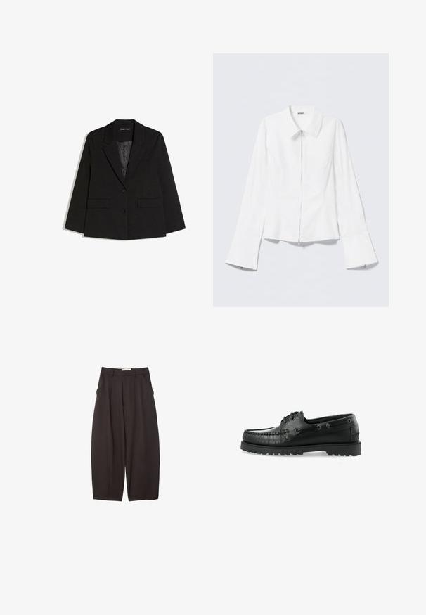 Sort skræddersyet blazer med hakkede revers, to forlommer med klap, to knapper og glat inderfor, lagt fladt på hvid baggrund.; Hvid langærmet skjorte med en krave og en lynlås foran. Har flagrende manchetter og en glat tekstur i bomuldsblanding.; Sorte brede bukser lavet af et glat stof, med høj talje, forfaldne folder og sidelommer. Simpelt design uden udsmykninger.; Sorte læder bådsko med moccasin-design, rund tå, dekorativ syning og en tekstureret gummisål med klodser.