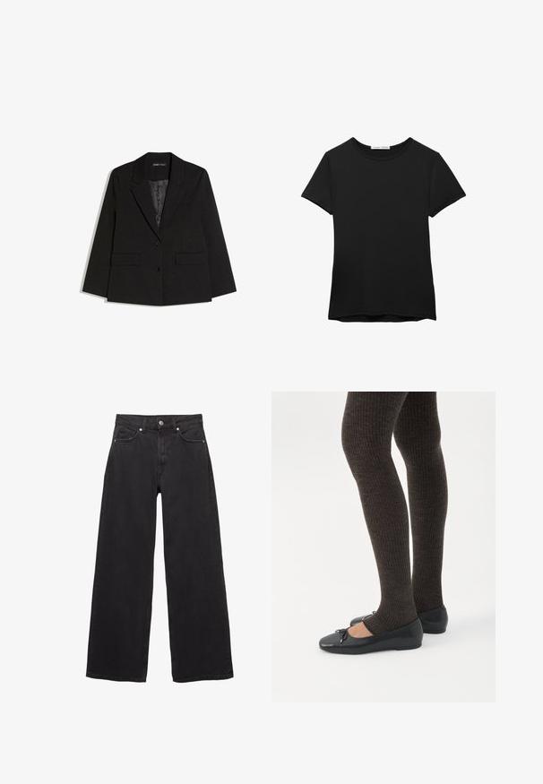 Sort skræddersyet blazer med hakkede revers, to forlommer med klap, to knapper og glat inderfor, lagt fladt på hvid baggrund.; Sort kortærmet t-shirt lavet af glat stof. Har en rund halsudskæring og en afslappet pasform med en lige kant.; Sorte denim-jeans med brede ben, høj talje, fem lommer og knappelukning med diskrete syningsdetaljer.; Ben iført mørke ribbede leggings kombineret med sorte balletsko med små sløjfedetaljer på hvid baggrund.