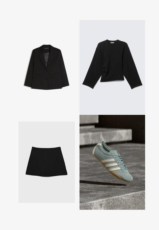 Sort skræddersyet blazer med hakkede revers, to forlommer med klap, to knapper og glat inderfor, lagt fladt på hvid baggrund.; Sort langærmet t-shirt med rund halsudskæring, løse ærmer og en hvid label ved kraven med teksten "WEEKDAY" på en lysegrå baggrund.; Sort mini nederdel med en glat tekstur, A-linjeform og buet nederkant. Har en lynlås bagpå til lukning, uden yderligere mønstre eller accenter.; Lyseblå sports sko med hvide striber, lavet af blødt materiale, med en struktureret overflade og en brun gummiydersål.