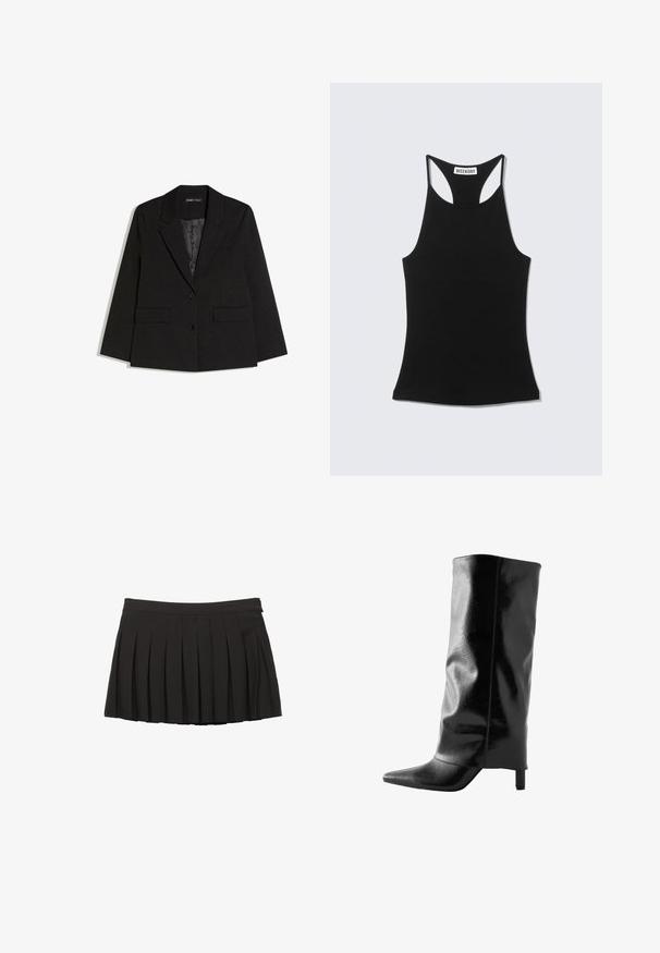 Sort skræddersyet blazer med hakkede revers, to forlommer med klap, to knapper og glat inderfor, lagt fladt på hvid baggrund.; Sort ærmeløs racerback-top med "WEEKDAY" label på øvre ryg, vist på en lys grå baggrund.; Sort plisseret mininederdel med taljebånd og lynlås i siden, vist på en hvid baggrund.; Next FOREVER COMFORT CUFFED - REGULAR FIT - Overknees - black