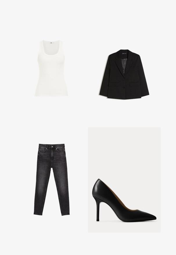 Sort skræddersyet blazer med hakkede revers, to forlommer med klap, to knapper og glat inderfor, lagt fladt på hvid baggrund.; Hvid ribbet tanktop med rund halsudskæring og brede stropper. Stoffet ser strækbart og tætsiddende ud, velegnet til lag-på-lag eller afslappet brug.; Sorte denimjeans har et tætsiddende design med høj talje, fem lommer og diskret falmning for tekstur. Afsluttet med en lukning med knap foran.; Sort højhælet læderpumps med spids tå og slank stiletthæl med glat finish, vist fra siden på en ensfarvet baggrund.