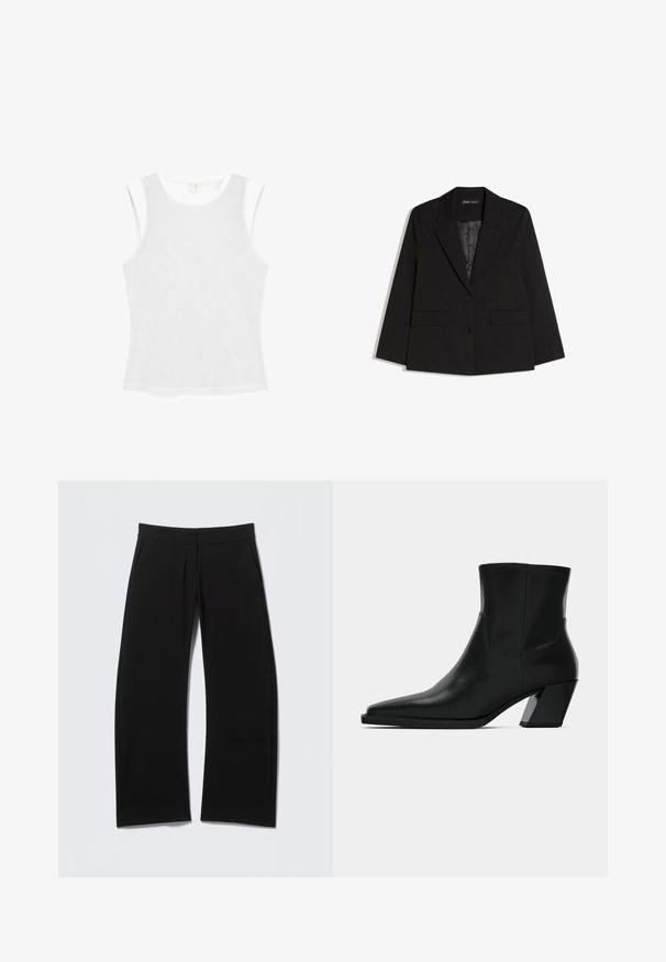 Blazer noir ajusté à revers crantés, deux poches avant avec rabat, deux boutons, et doublure intérieure lisse, posé à plat sur fond blanc.; Haut blanc sans manches en tissu maille, avec un col rond et une coupe slim. Texture lisse, style minimaliste, sans motifs.; Pantalon noir à jambes larges avec une texture lisse, doté de deux poches avant et d'une ceinture élastique pour le confort.; Bottine en cuir noir avec un bout pointu, une silhouette élégante et un talon carré massif. Texture lisse avec des détails de couture minimalistes.