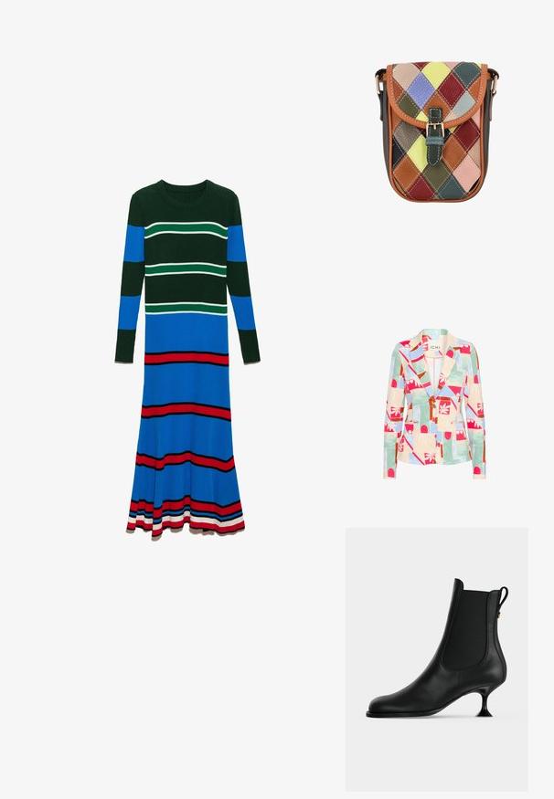 Mønstret blazer i pastelfarver; har geometriske og blomstrede designs, en spids krave, to forlommer og en enkelt knaplukning.; Strikkjole med lange ærmer, rund halsudskæring og lodrette striber i dyb grøn, blå og rød, med horisontale accenter i hvid.; Sort læderankelstøvle med spids snude, elastiske sidepaneler og en slank, udvidet kittenhæle på en ensartet lys baggrund.; Multifarvet læderhåndtaske med diamantmønster, brun kant, magnetlukning og justerbar rem. Tekstureret overflade.