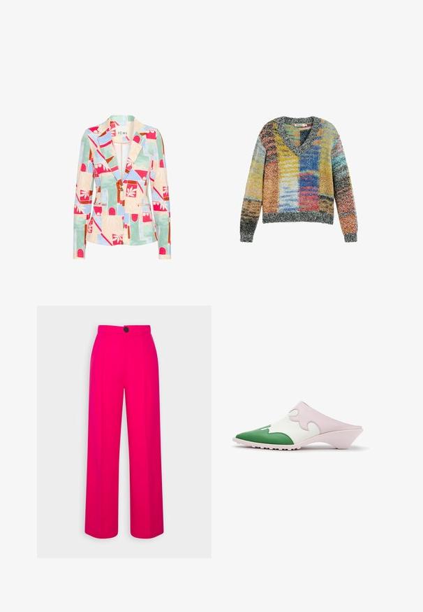 Mønstret blazer i pastelfarver; har geometriske og blomstrede designs, en spids krave, to forlommer og en enkelt knaplukning.; Farverig strikket sweater med V-hals og lange ærmer, med patchwork-mønster i gule, blå, røde og grå nuancer.; Fuchsia brede bukser med høj talje, frontfald og en enkelt sort knaplukning. Glat tekstur og skræddersyet design.; Slip-on mule sko med spids grøn tå, hvid overdel med pink bølget overlay og lav skrå hæl på hvid baggrund.