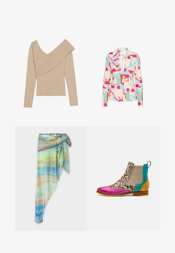 Patroon blazer in pastelkleuren; beschikt over geometrische en bloemige ontwerpen, een geknipt kraag, twee voorzakken en een enkele knoopsluiting.; Even&Odd by Zalando Trui - mottled beige; Asymmetrische doorzichtige wikkelrok met blauw, groen en beige gradientpatroon, vastgemaakt met een decoratieve kralenriem en ronde gesp.; Kleurrijke enkelboot met een roze patenten leren punt, slangenprint stof, beige canvas en turkooizen en gele accenten op de hak.