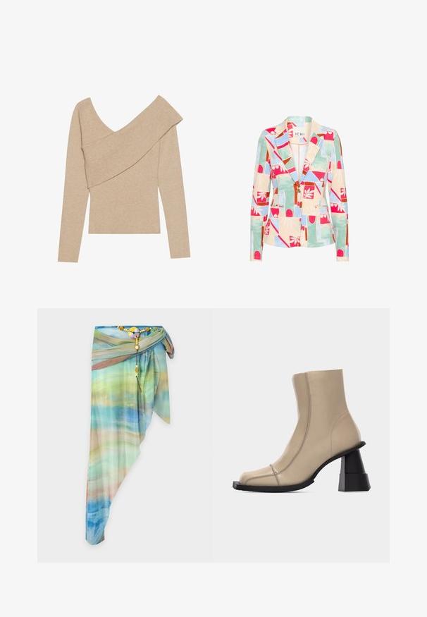 Mønstret blazer i pastelfarver; har geometriske og blomstrede designs, en spids krave, to forlommer og en enkelt knaplukning.; Even&Odd Striktrøje - mottled beige; Asymmetrisk gennemsigtig omslagsnederdel med blå, grøn og beige gradientmønster, fastgjort med et dekorativt perlebælte og rundt spænde.; Beige læder ankelstøvle med firkantet tå, synlige sømme og chunky sort skulptureret blokhæl på hvid baggrund.