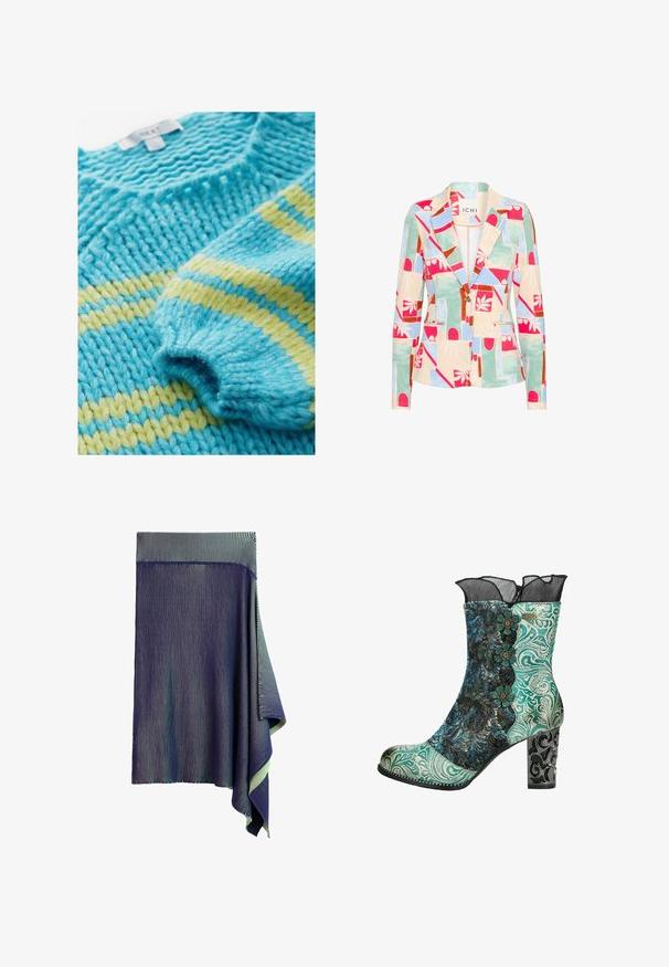 Mønstret blazer i pastelfarver; har geometriske og blomstrede designs, en spids krave, to forlommer og en enkelt knaplukning.; Striktrøje med et tekstureret mønster, der har turkise og gule striber. Tyk garn giver et chunky, hyggeligt udseende.; Mørkeblå strikket nederdel med meget fine hvide lodrette striber og en asymmetrisk draperet kant på den ene side.; Ankelstøvle med et mønstret overdel i turkis og sort, blomstrede detaljer og en sort blondekant. Har en dekorativ høj hæl med intrikat design.