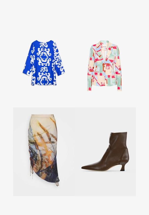 Blazer à motifs dans des couleurs pastel ; présente des designs géométriques et floraux, un col cranté, deux poches avant et une fermeture à bouton unique.; Haut bleu avec des motifs blancs tourbillonnants, doté d'un col rond et de manches trois-quarts. Confectionné en tissu lisse et léger.; Materiel DIAGONAL GATHERED SKIRT - Jupe crayon - golden hour; Bottine en cuir marron à bout pointu et talon bas incurvé sur fond clair.