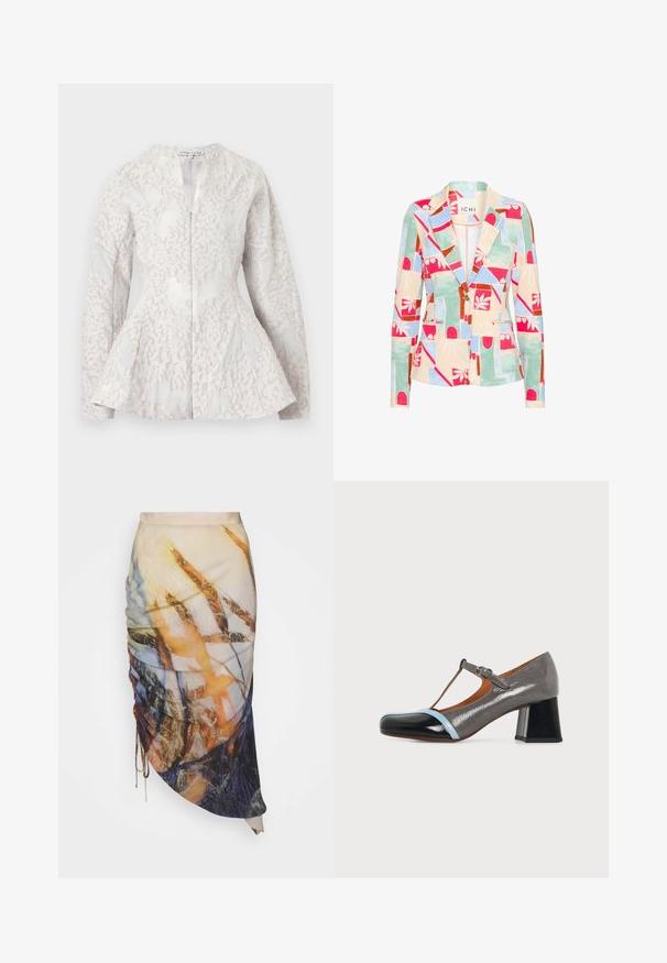 Blazer à motifs dans des couleurs pastel ; présente des designs géométriques et floraux, un col cranté, deux poches avant et une fermeture à bouton unique.; Blazer blanc à manches longues avec un motif floral texturé subtil, taille ajustée et ourlet légèrement évasé, fermeture éclair devant.; Materiel DIAGONAL GATHERED SKIRT - Jupe crayon - golden hour; Chaussure femme grise en cuir verni à bride en T avec bout noir, accent bleu clair et talon bloc sur fond uni.