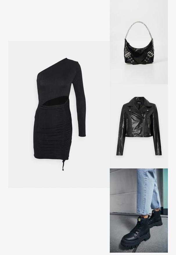 Schwarze, taillierte Lederjacke mit einem Reverskragen, Reißverschlusstaschen und Details an den Ärmeln, mit dem Aufdruck "ONLY" am inneren Kragen.; IN THE STYLE RUCHED CUT OUT SLINKY MINI DRESS - Jerseykleid - black; Person, die hellblaue Jeans und schwarze klobige Schnürstiefel trägt und auf einem Betonboden nahe einer Wand steht.; Schwarze Patentleder-Handtasche mit schimmerndem silbernen Kettenhenkel, mit dekorativen Riemen und Metallösen. Schlanker, geschwungener Schnitt.
