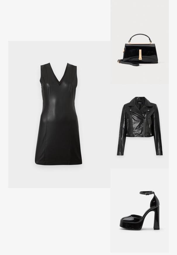 Chaqueta de cuero negra recortada con solapa tipo notch, bolsillos con cremallera y detalles en las mangas, etiquetada "ONLY" en el cuello interior.; Vestido sin mangas de piel sintética negra con escote en V y costuras ajustadas, de largo hasta la rodilla, sobre un fondo claro y liso.; Zapatos de tacón de charol negro con plataforma y correa al tobillo, punta redondeada y tacón cuadrado, que muestran una textura lisa y brillante.; Bolso negro brillante con asa superior, cierre dorado y correa de hombro desmontable sobre fondo claro liso.