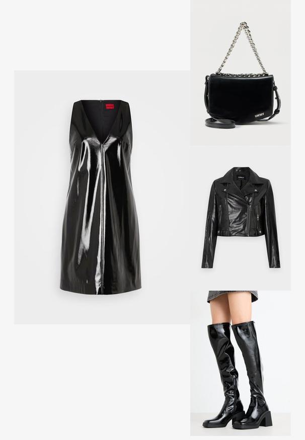 Veste en cuir noire coupée avec un col cranté, des poches zippées et des détails sur les manches, étiquetée "ONLY" à l'intérieur du col.; Robe noire sans manches avec un décolleté en V et une finition brillante et réfléchissante; elle comprend une fermeture éclair centrale et un design minimaliste.; Bottes noires, brillantes, montantes jusqu'aux genoux, avec un bout carré et un talon épais. Présentent une fermeture éclair latérale et un design ajusté en texture.; Sac bandoulière en cuir verni noir avec une bandoulière chaîne argentée et une bandoulière amovible, présentant un design simple et le logo DKNY.