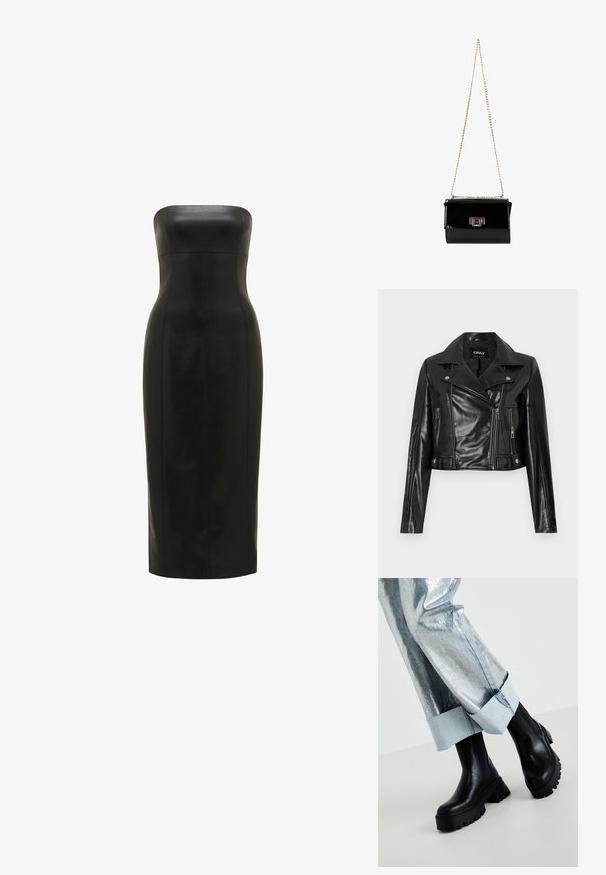 Schwarze, taillierte Lederjacke mit einem Reverskragen, Reißverschlusstaschen und Details an den Ärmeln, mit dem Aufdruck "ONLY" am inneren Kragen.; Schwarzes, trägerloses Lederkleid mit einer figurbetonten Silhouette, knielang, glatte Textur und vertikale Nähte für Definition.; Schwarze klobige Knöchelstiefel mit strukturierten Sohlen, getragen mit silbernen metallischen Hosen, die einen hellen Denim-Bund umfassen. Minimalistisches Design, elegante Materialien.; Schwarz glänzende Handtasche aus Lackleder mit einem goldenen Kettenriemen, rechteckige Form, mit einem Verschluss mit Klappe und einem metallischen Logo-Akzent.