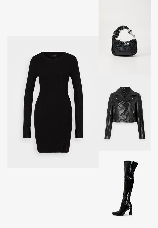 Chaqueta de cuero negra recortada con solapa tipo notch, bolsillos con cremallera y detalles en las mangas, etiquetada "ONLY" en el cuello interior.; Vestido de punto negro con canalé, mangas largas, escote redondo, aberturas laterales y silueta ajustada, que muestra una textura suave y un diseño minimalista.; Botas hasta el muslo de charol negro con punta afilada, tacón cuadrado y textura lisa y brillante. No tienen herrajes visibles.; Bolso de material charol negro con un asa arrugada, herrajes plateados, forma redondeada, cierre de cremallera y textura suave y brillante.