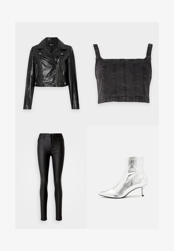 Sort cropped læderjakke med klippet krave, lynlåslommer og detaljer på ærmerne, mærket "ONLY" på den indre halsudskæring.; Sort denim crop top med brede stropper, der har lodrette syninger og en struktureret pasform. Glat tekstur med en let falmet finish.; Sorte faux læder skinny jeans med en glat overflade, høj talje, knaplukning og traditionelt fem-lomme design.; Sølvmetallic ankelstøvle med spids tå og slank hæl. Har en tætsiddende pasform og en glat, skinnende overflade. Sømaccenter på toppen.