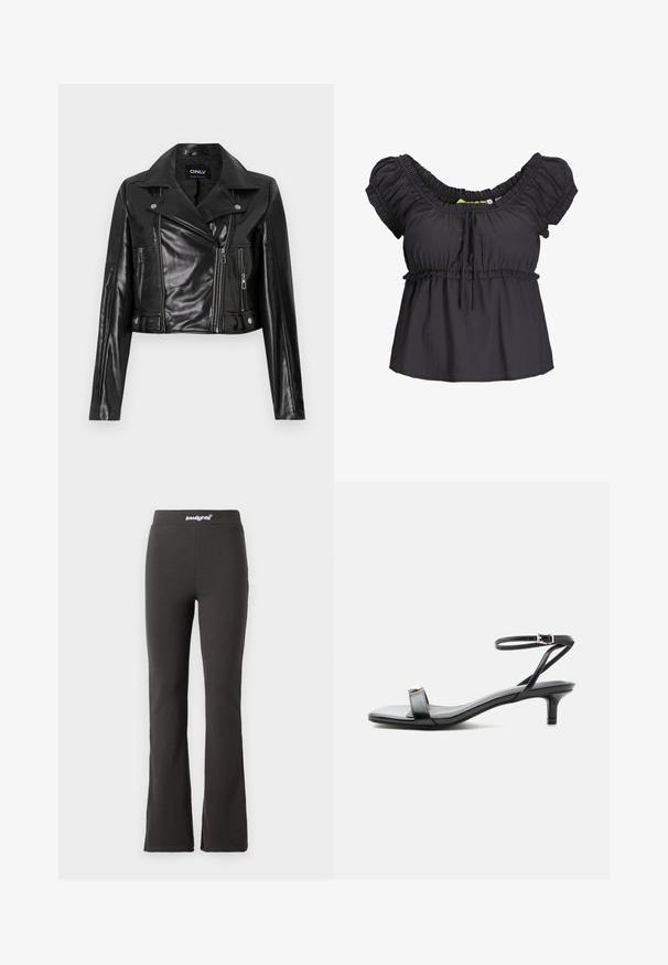 Veste en cuir noire coupée avec un col cranté, des poches zippées et des détails sur les manches, étiquetée "ONLY" à l'intérieur du col.; Blouse noire à manches courtes avec un col froncé et une taille élastique. Tissu doux avec une coupe décontractée, présentant un détail de nœud à l'avant.; Pantalons évasés noirs en tissu extensible avec une texture lisse. Dotés d'une large ceinture avec des détails de logo en haut.; Sandale noire en cuir à bout ouvert avec petit talon kitten, fine bride de cheville avec boucle dorée et accent décoratif doré sur la bride avant.