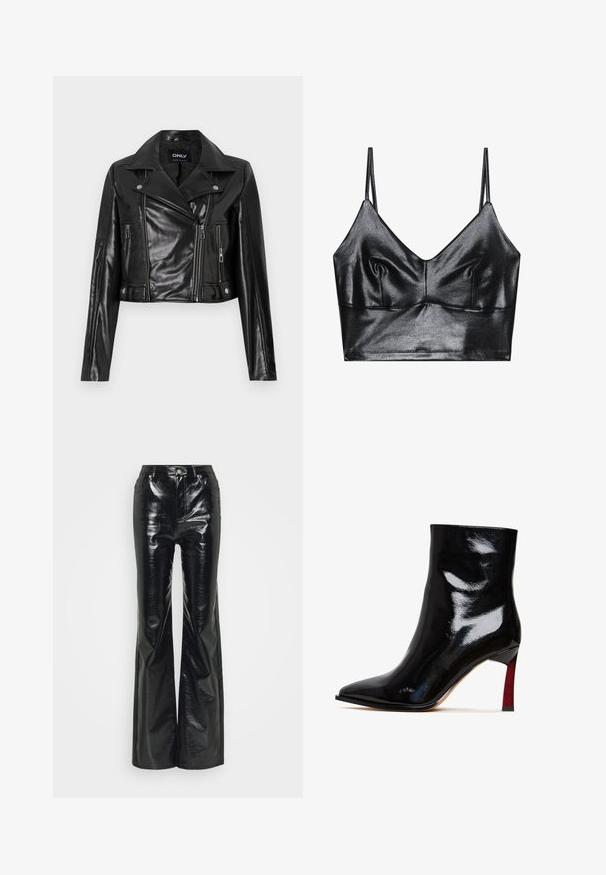 Sort cropped læderjakke med klippet krave, lynlåslommer og detaljer på ærmerne, mærket "ONLY" på den indre halsudskæring.; Sorte, skinnende bralette med tynde justerbare stropper, der har en V-udskæring, glat tekstur og subtil samling ved brystet for form.; Sorte faux læder flare bukser med en blank finish, der har en høj talje, forlommer og sølvfarvede hardware-detaljer.; Sort laklæder ankelstøvle med spids tå og en rød detalje på stilethælen. Glat tekstur og elegant design.