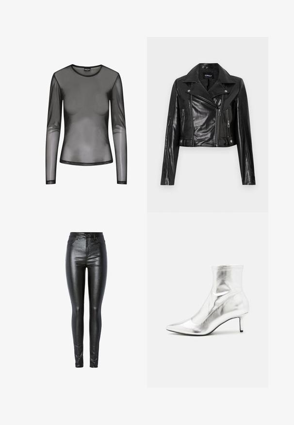 Schwarze, taillierte Lederjacke mit einem Reverskragen, Reißverschlusstaschen und Details an den Ärmeln, mit dem Aufdruck "ONLY" am inneren Kragen.; Schwarzes langärmliges Mesh-Oberteil mit rundem Ausschnitt, aus transparentem Stoff und figurbetonter Passform. Die Ränder sind mit schwarzer Naht versehen.; Schwarze Skinny-Jeans aus Metall mit glatter Textur, hoher Taille, Vordertaschen und Reißverschluss, designed für eine enge Passform.; Silberne metallische Knöchelstiefel mit spitzem Zeh und schmalem Absatz. Bietet eine enge Passform und eine glatte, glänzende Textur. Nahtakzente an der Oberseite.