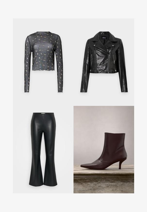 Zwarte leren cropped jas met een ingesneden kraag, ritszakken en details op de mouwen, gelabeld "ONLY" op de binnenste hals.; Langarm zwart mesh top met een patroon van gouden halve maan en ster, cropped lengte en gekartelde rand.; ONLY Tall ONLSMOOTH KICK FLARE - Broek - black; Glanzend zwart leren enkellaarsje met een spitse neus en een kittenheel, zwevend boven een houten oppervlak met een groene grasachtergrond.