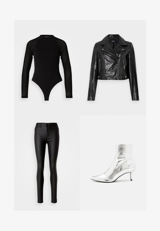 Veste en cuir noire coupée avec un col cranté, des poches zippées et des détails sur les manches, étiquetée "ONLY" à l'intérieur du col.; Bodysuit noir à manches longues avec col haut, doté d'un tissu solide sur le torse et de manches en maille transparente, conçu dans une coupe ajustée.; Jean skinny en simili cuir noir avec une texture lisse, taille haute, fermeture bouton et design traditionnel à cinq poches.; Bottine métallique argentée avec un bout pointu et un talon fin. Présente un ajustement snug et une texture lisse et brillante. Accent de couture en haut.