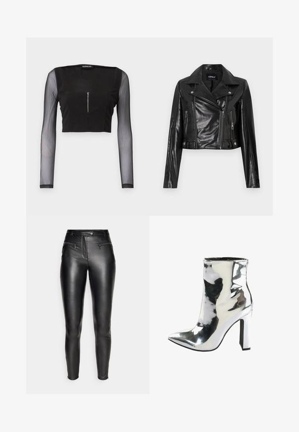 Sort cropped læderjakke med klippet krave, lynlåslommer og detaljer på ærmerne, mærket "ONLY" på den indre halsudskæring.; Sort crop top med firkantet halsudskæring, fremstillet i uigennemsigtigt stof med gennemsigtige lange ærmer. Frontlynlås tilføjer detalje til designet.; ONLY ONLJENNA ZIP PANT - Bukser - black; Sølv patentlæder ankelstøvle med spids tå, chunky højt hæl og lynlås i siden, med en glat, blank overflade.