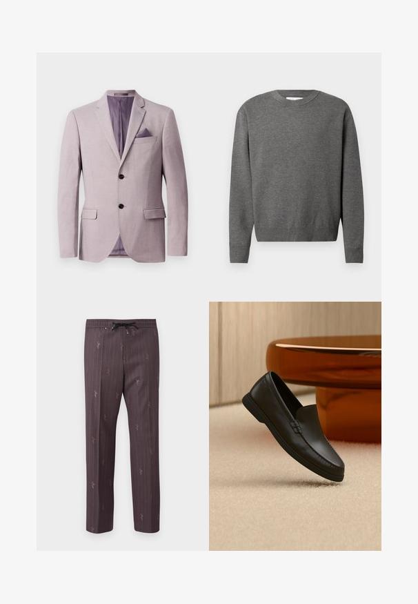 Lys lavendelblazer med et struktureret design, to sorte knapper, spidse rever og et lommetørklæde i brystlommen. Inderforingen er lilla.; Grå crewneck sweater lavet af blødt strikket stof. Har lange ærmer og ribbede manchetter og kant. Minimalistisk design uden synlige logoer.; Elastisk taljebukser i mørk lilla med lodrette striber og subtile trykte detaljer. Let materiale med en afslappet pasform.; Sort læder slip-on loafer vist på beige tæppe ved siden af et buet borde af ravfarvet glas i et rum med neutrale toner.