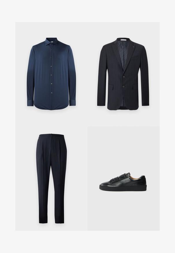 Herre mørkeblå nålestribet blazer med hakket revers, to knapper foran, klaplommer og mønstret inderfor.; Mørkeblå langærmet skjorte lavet af glat stof, med spids krave, frontlukning med knapper og manchetter med rundet kant.; Mørkeblå bukser med en afslappet pasform, plisseret front og elastisk talje. Stoffet ser glat ud med en subtil glans.; Sorte lædersneakers med en glat overflade, rund tå og snørebåndslukning. Har en tyk gummisål og minimal branddetalje.